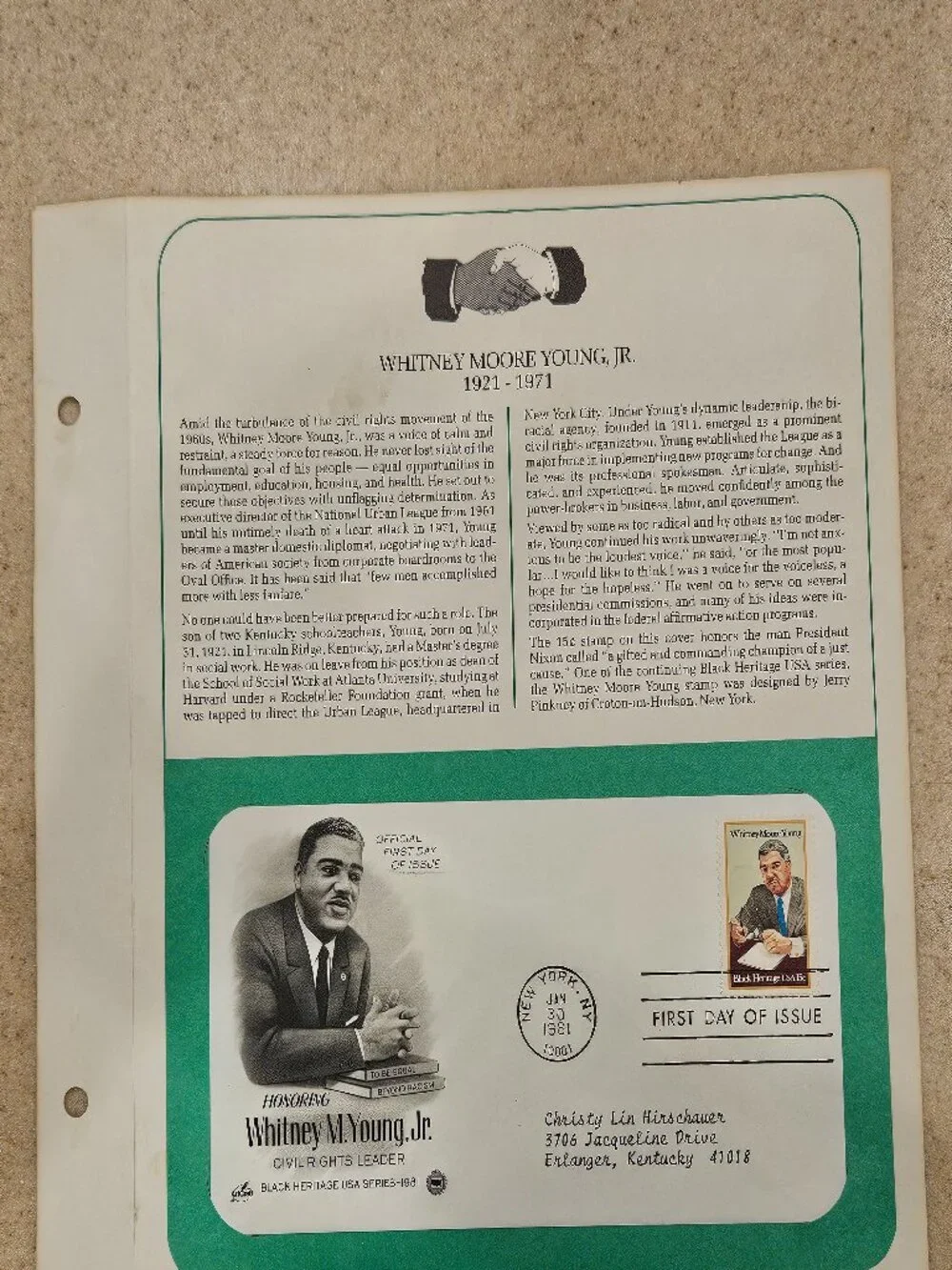 COLLECTIBLE USPS 1ST DAY ISSUE WHITNEY YOUNG CIVIL RIGHTS BLACK HERITAGE STAMP
